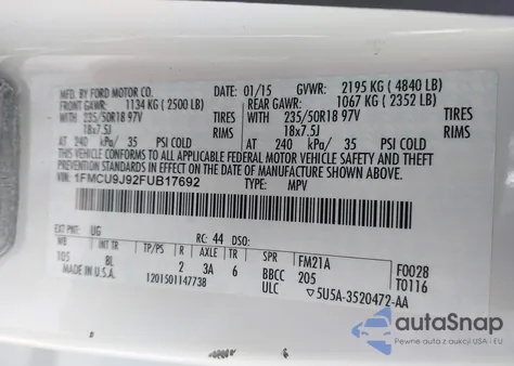 2015 Ford Escape Titanium from USA, damaged, VIN 1FMCU9J92FUB17692